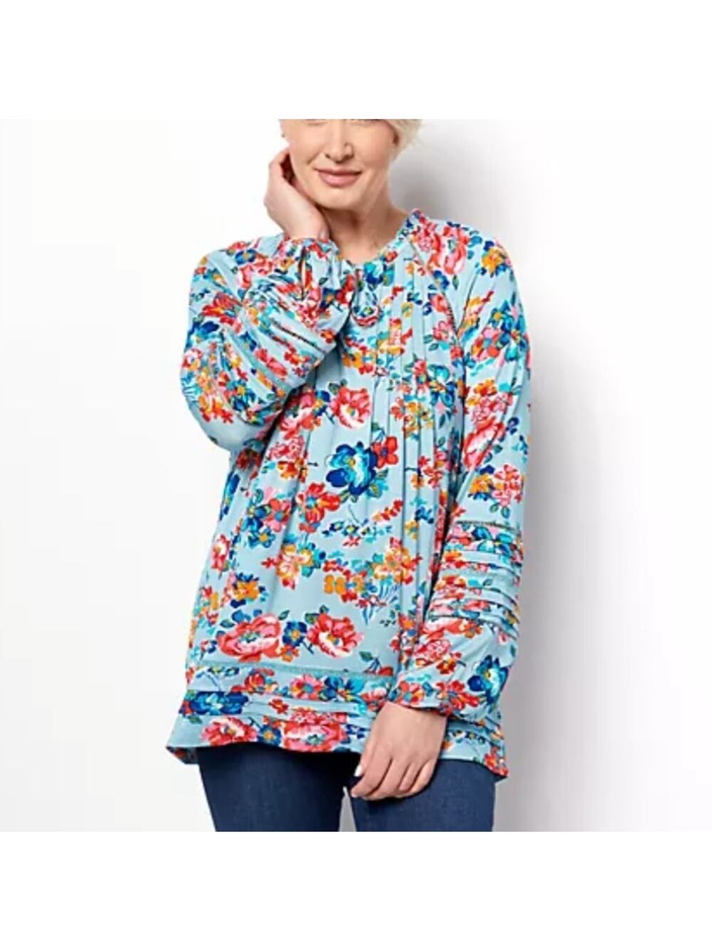 Women Tolani Blue Floral Blouse Top L Boho Colorful Crochet Casual Relaxed NEW